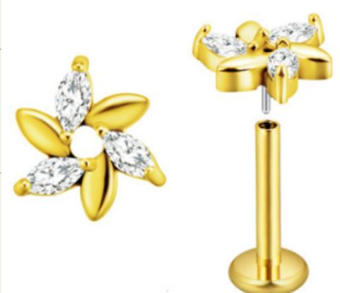 A gold zircon flat back labret stud in implant grade titanium, presented as a gift