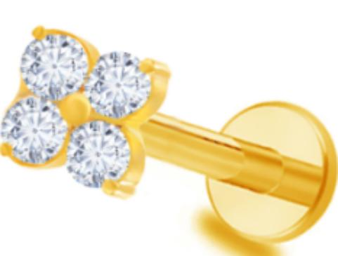 Gold threadless zircon labret stud shown at the correct gauge