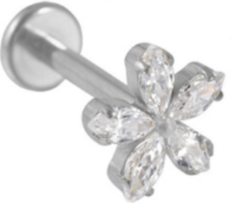 A silver zircon threadless labret stud in implant grade titanium by Willow and Thorn