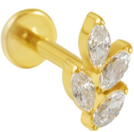 A gold zircon threadless labret stud in implant grade titanium with 18K gold PVD finish