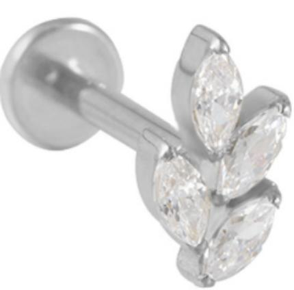 A silver zircon flat back labret stud in implant grade titanium, safe for sensitive ears