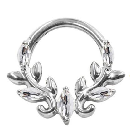 A silver zircon segment clicker ring in implant grade titanium, suitable for a daith piercing