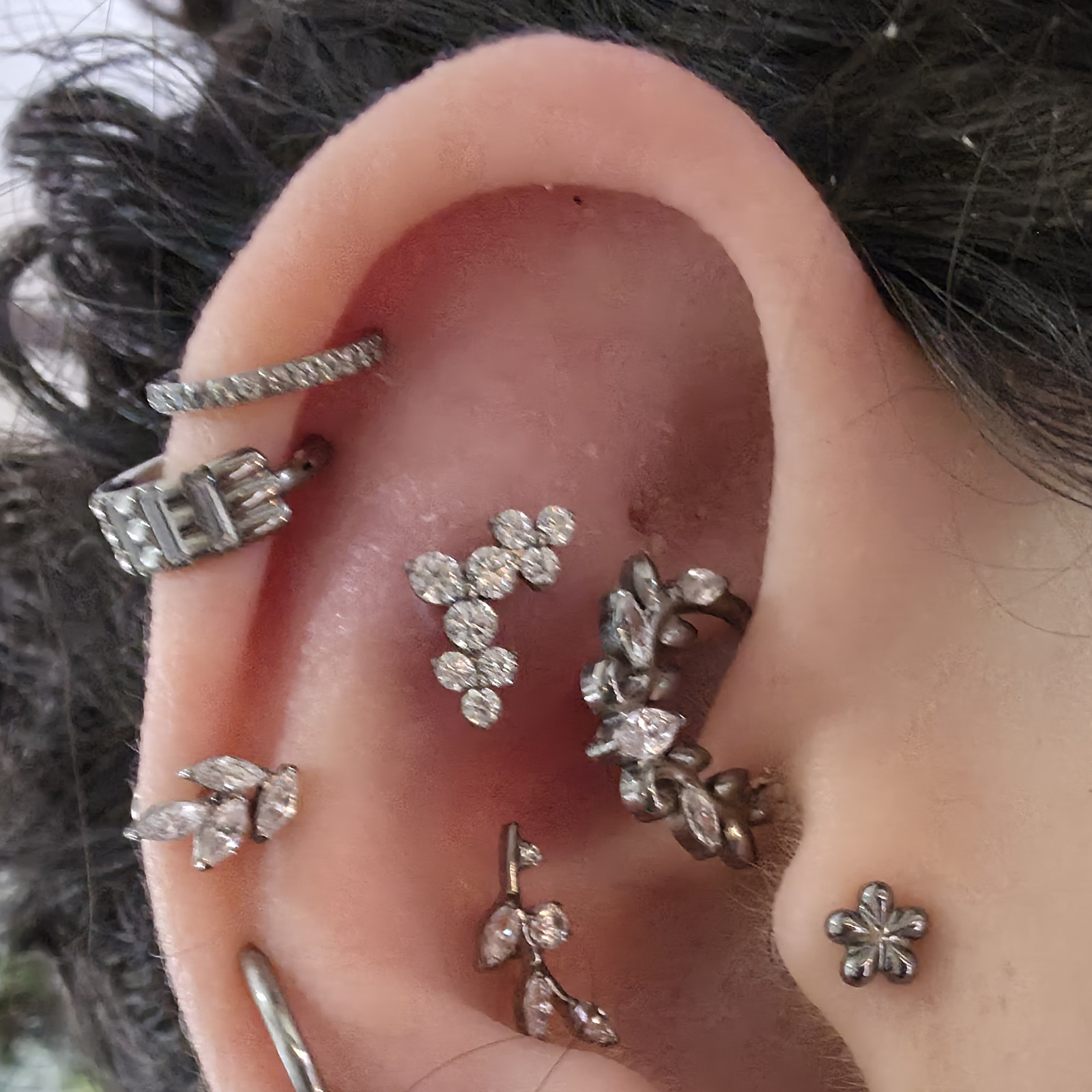 Willow and Thorn nickel free titanium flat back labrets and clickers styled together in a curated ear