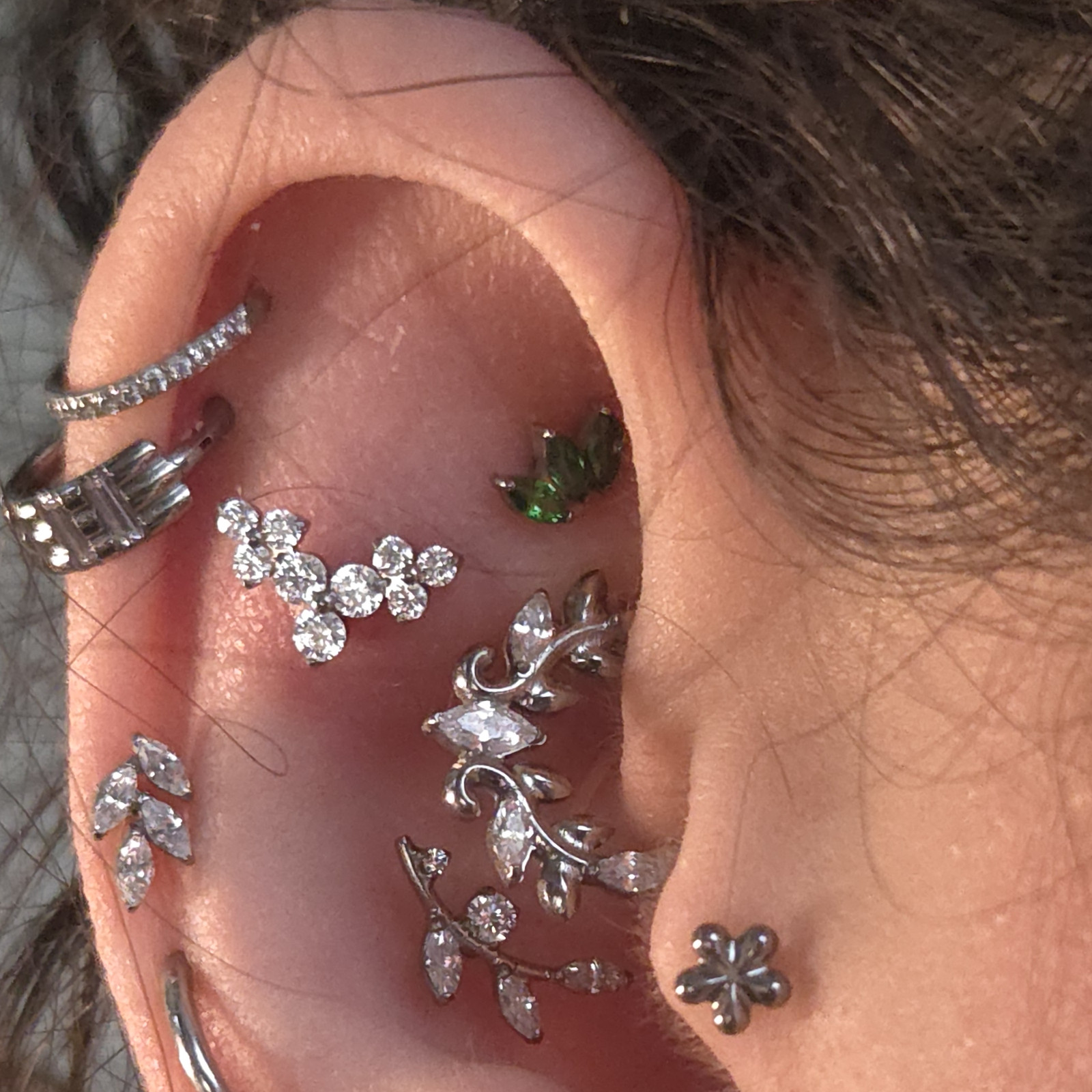 Willow and Thorn implant grade titanium pieces styled together in a curated ear