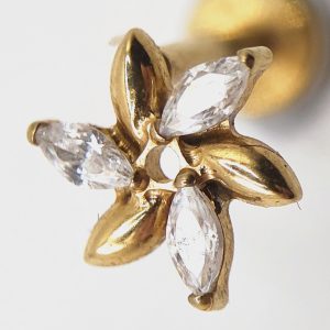 gold marquise zircon flower flat back labret stud in nickel free implant grade ASTM F-136 titanium by Willow and Thorn