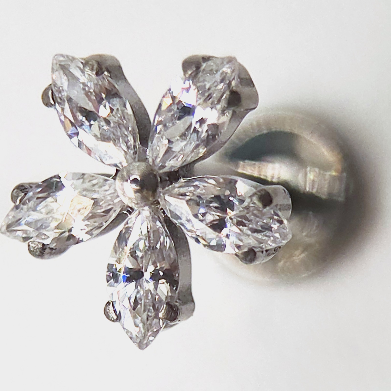 silver marquise zircon flower flat back labret stud in nickel free implant grade ASTM F-136 titanium by Willow and Thorn