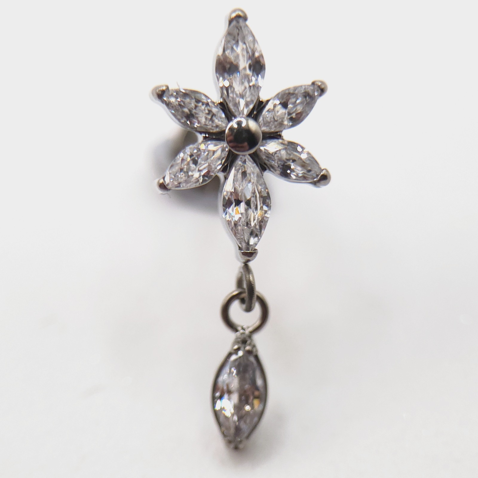 silver zircon flower flat back labret stud with drop in nickel free implant grade ASTM F-136 titanium by Willow and Thorn
