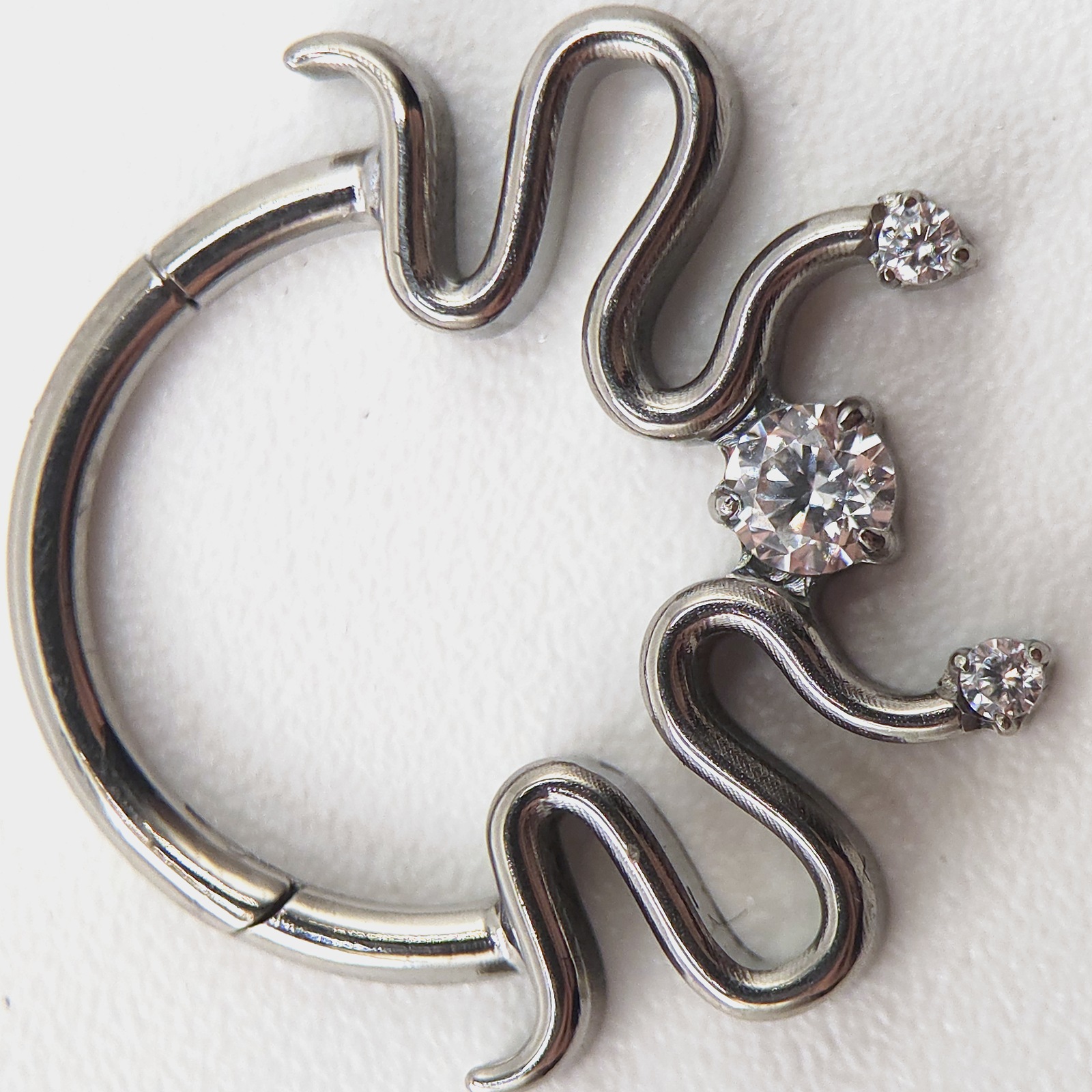 silver swirl segment clicker ring with zircon in nickel free implant grade ASTM F-136 titanium by Willow and Thorn
